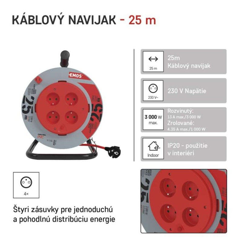 Káblový bubon predl. 4Z-25m červený PVC 3x1,5mm2 5
