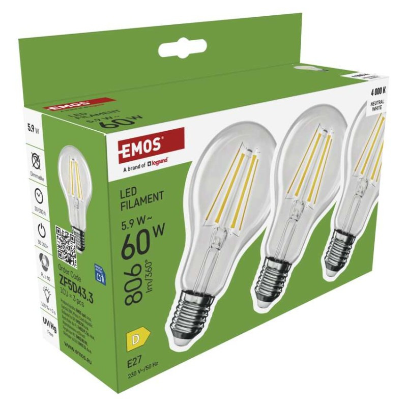 LED FLM A60 5,9W(60W) 806lm E27 NW 3PC 8