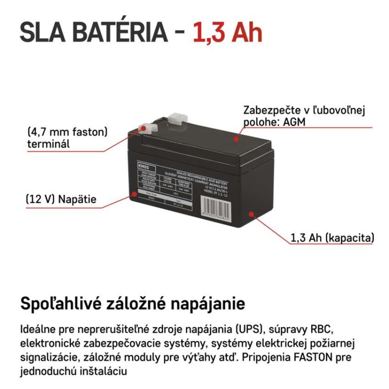 Akumulátor olovený SLA 12V 1,3Ah FA4,7 B9652 1