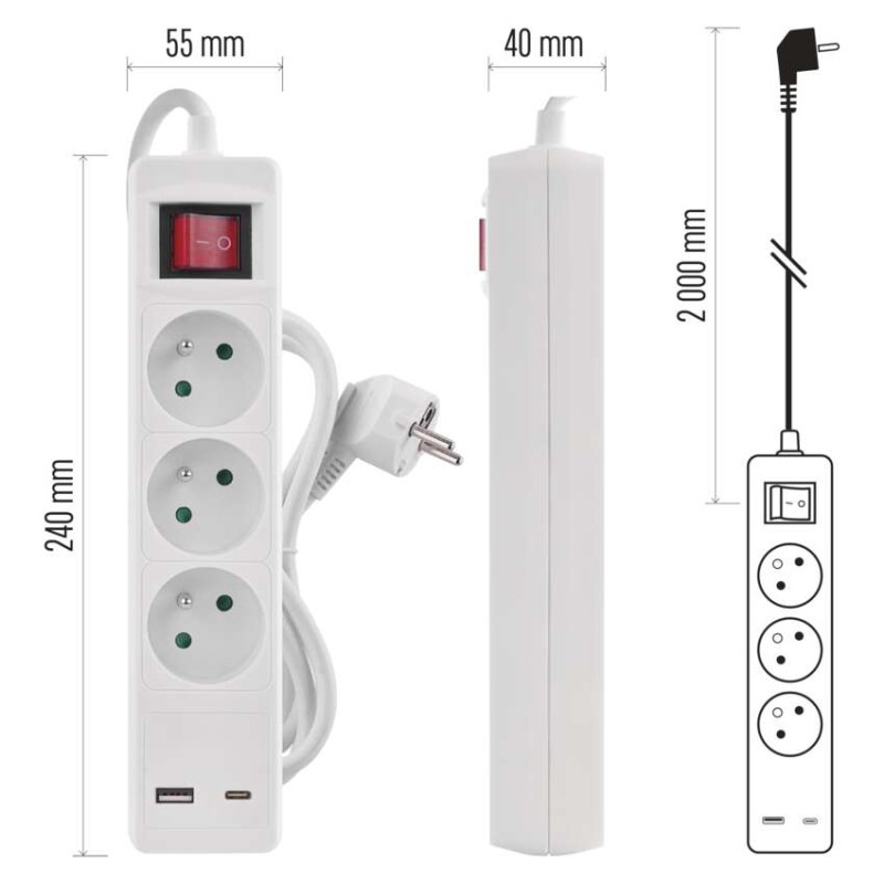 PRODLUŽKA 3Z 2M S VYP. 1,5MM +USB A+C 9