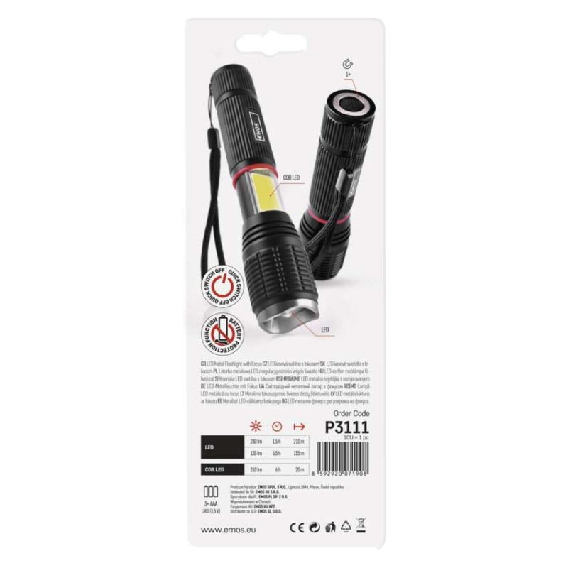 LED SVÍTILNA 5W + 3W COB 3×AAA FOKUS 6