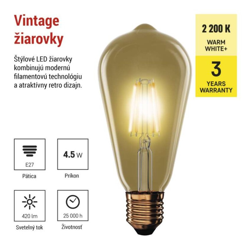 LED VNT ST64 4,5W(40W) 420lm E27 WW+ 1