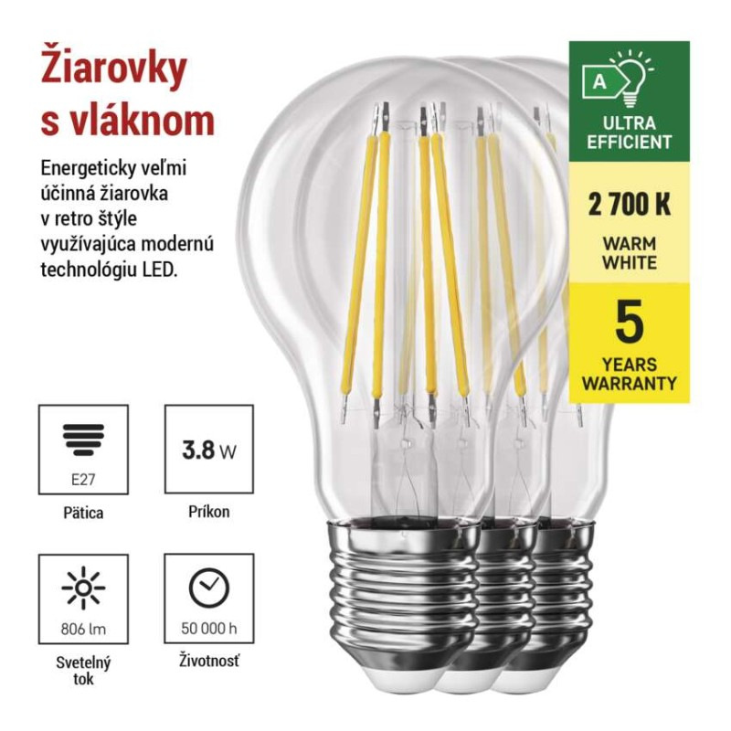 LED FLM A60 3,8W(60W) 806lm E27 WW 3PC 1