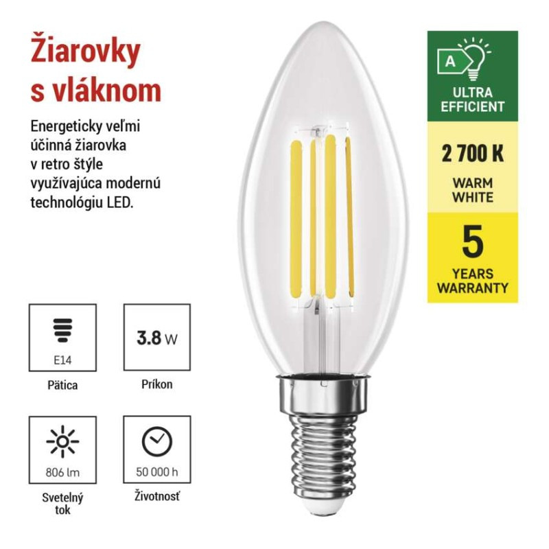 LED FLM CANDLE 3,8W(60W) 806lm E14 WW A 2