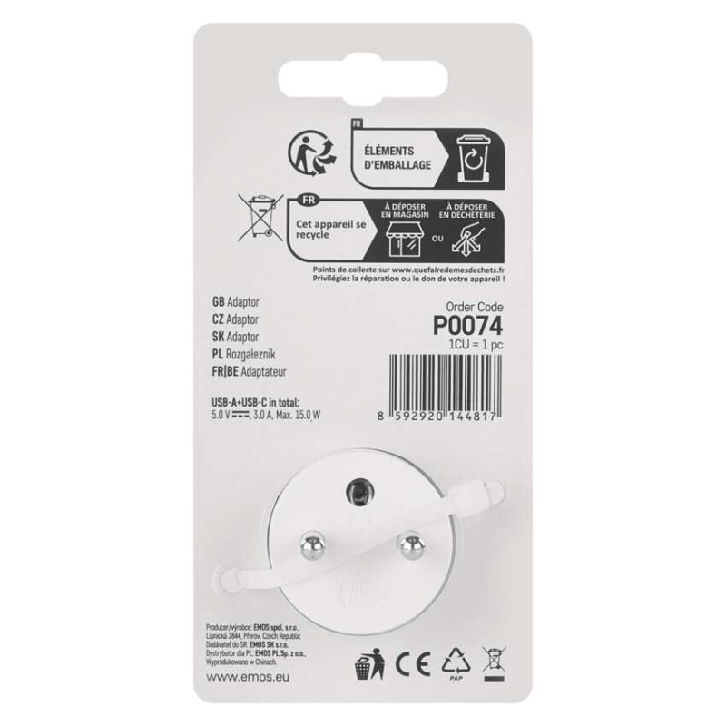 Zásuvka rozbočovacia 1x, 1xUSB-A+1xUSB-C, biela P0074 6