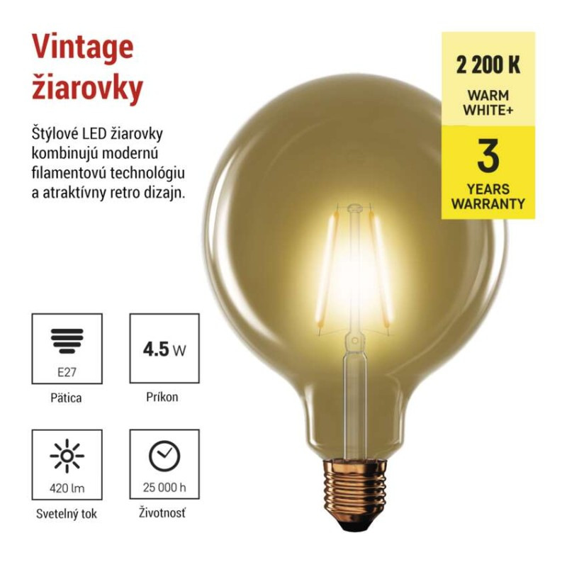 LED VNT G125 4,5W(40W) 420lm E27 WW+ 1