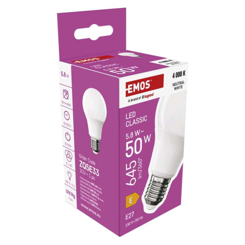 Žiarovka LED CLS A60 5,8W E27 NW  ZQ5E33 (8W-ZQ5131) 6