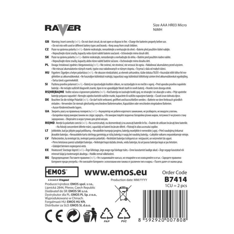 Batéria R03 NiMH 400mAh 1,2V RAVER nabíjacia B7414 5