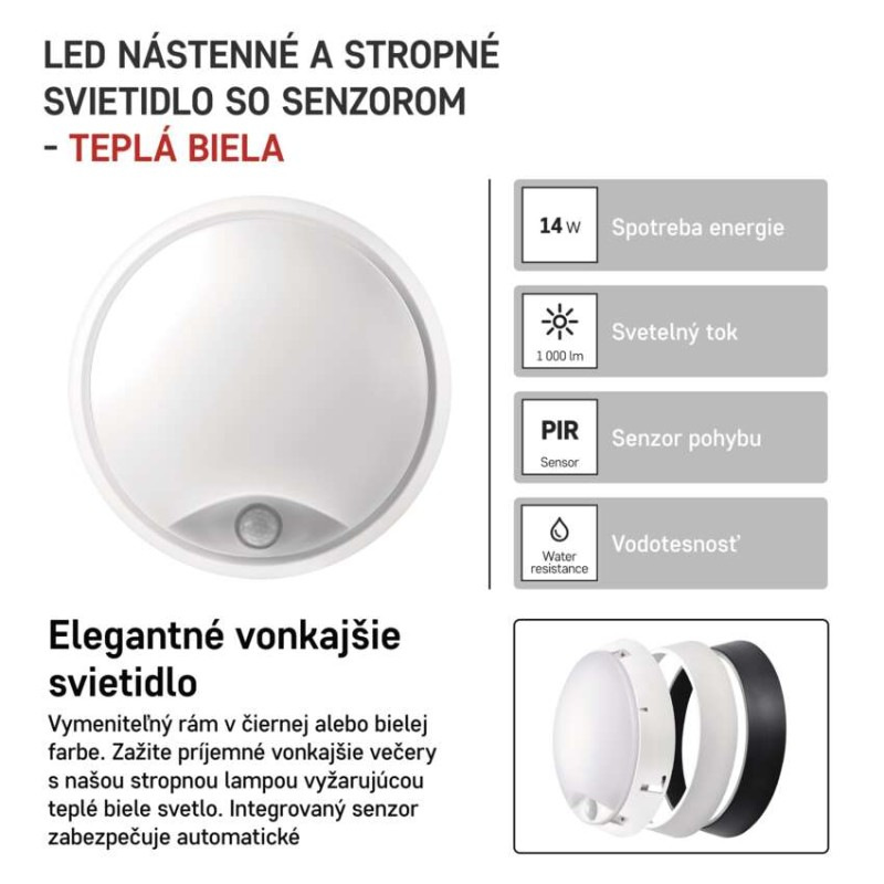 LED NÁSTĚNNÉ S.IP54 14W WW PIR 3