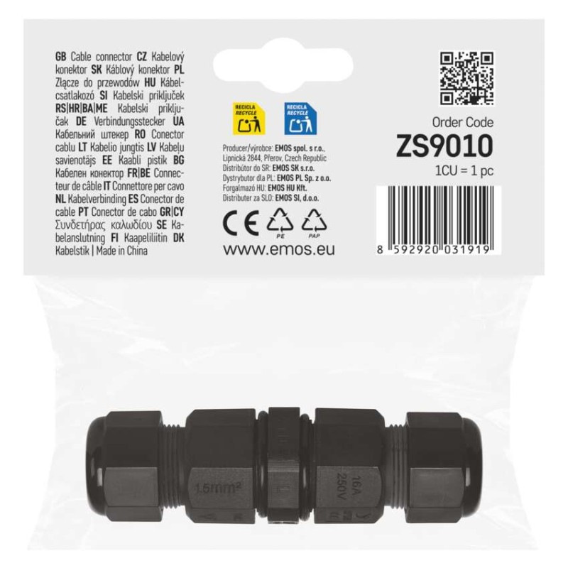 Káblová spojka 3x2,5 plast.trubička priama 250V IP68 ZS9010 5